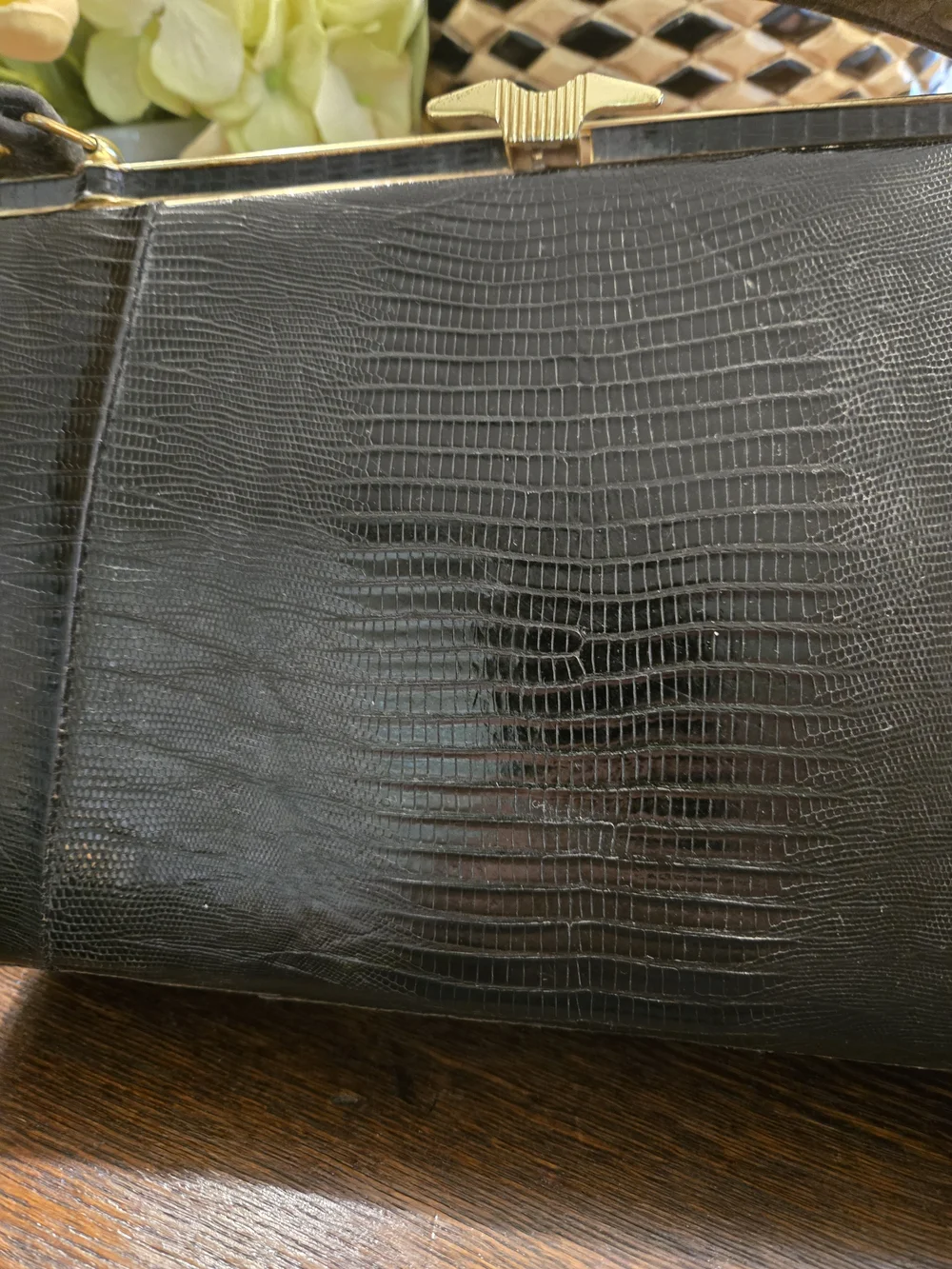 Black Alligator-Embossed Evening Clutch From 50s To 60s with Gold Frame